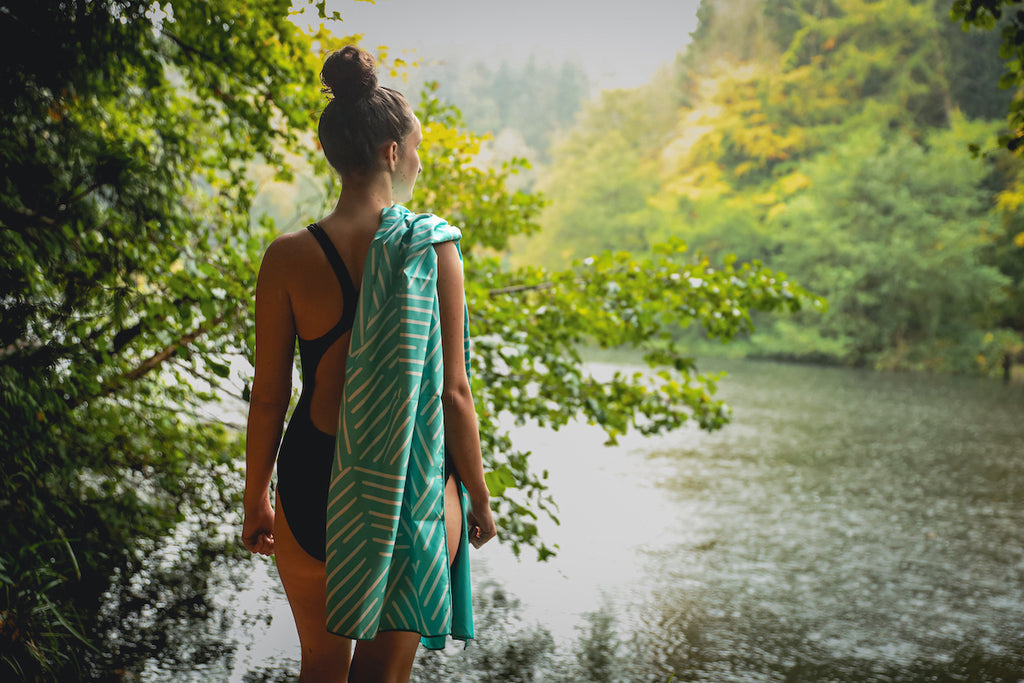 Wild swimming near Bristol with a Horizon ocean teal 100% recycled travel towel. 